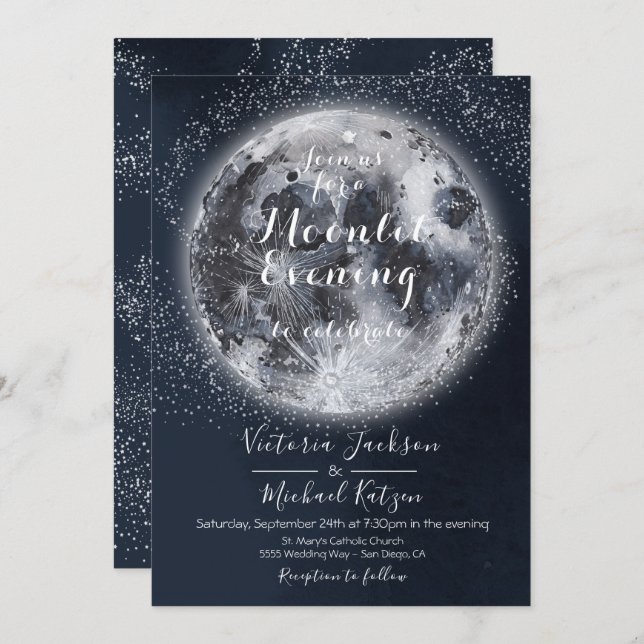 invitaciones de Luna Llena Celestial y Estrellas (Anverso / Reverso)