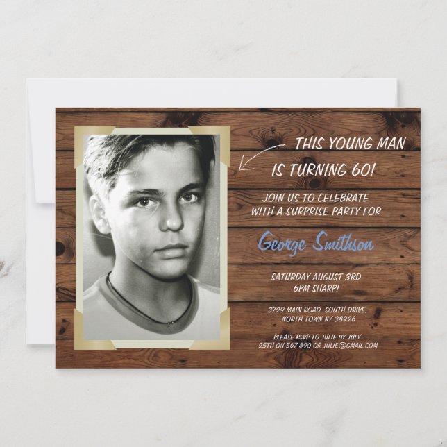Invitaciones de madera de estilo vintage de cumple (Anverso)