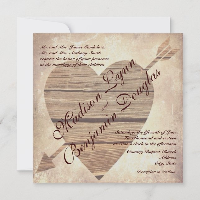 Invitaciones de madera de la boda del corazón del (Anverso)