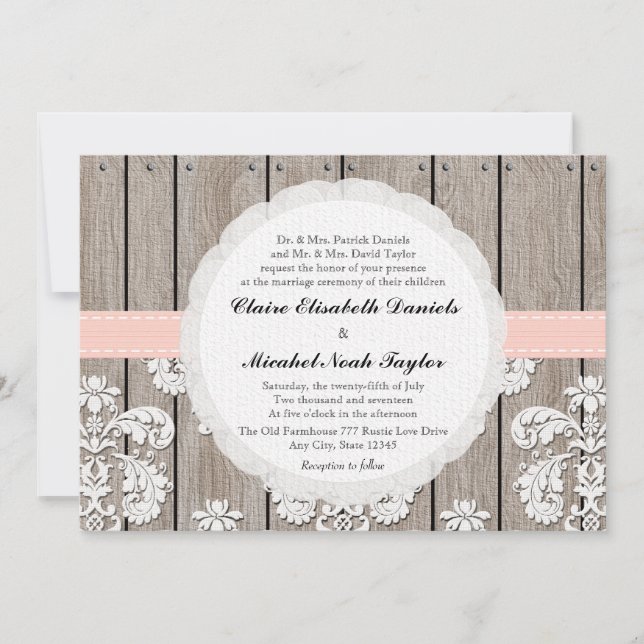 Invitaciones de madera rústicas rosadas de la boda (Anverso)