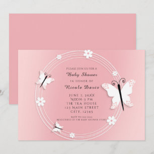Invitaciones de mariposas y flores rosadas y blanc