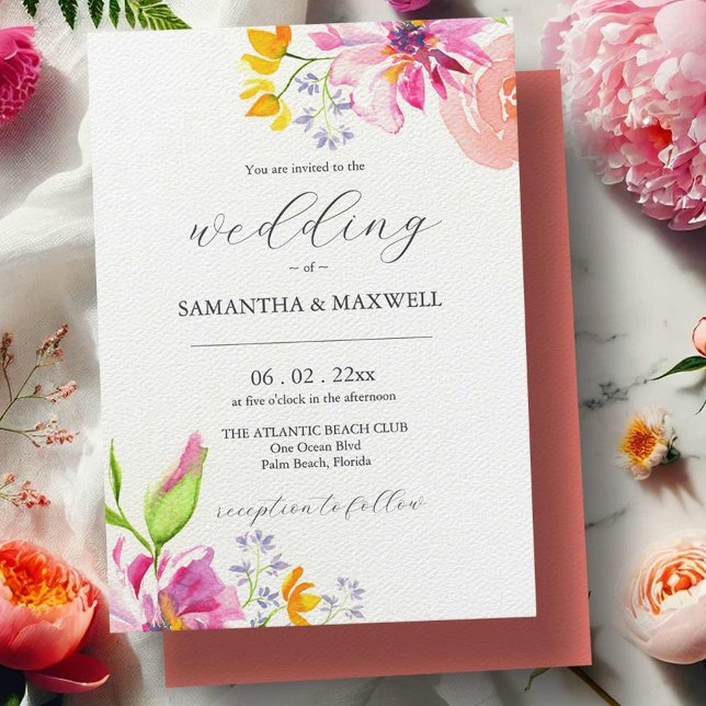 Invitaciones de matrimonio a color brillante flora (Watercolor bold floral blooms wedding invitations by Victoria Grigaliunas Do Tell A Belle)