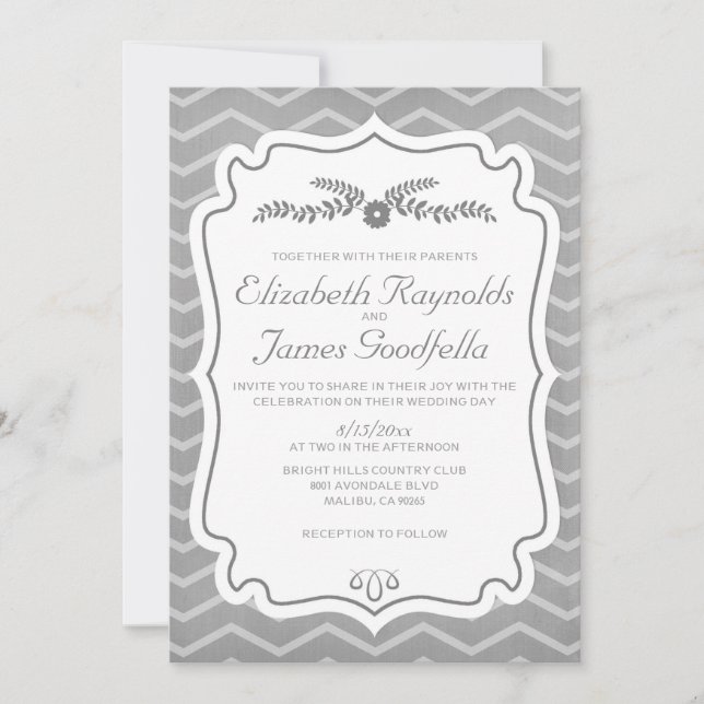 Invitaciones de matrimonio a rayas de chevron gris (Anverso)
