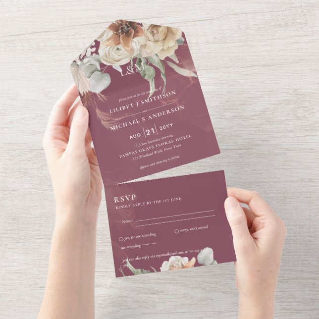 Invitaciones de matrimonio con RSVP | BOHO Pampas  (desgarro)
