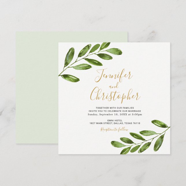 Invitaciones de matrimonio cuadrado de color verde (Anverso / Reverso)