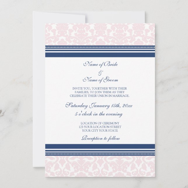 Invitaciones de matrimonio Damasco blanco azul Rub (Reverso)