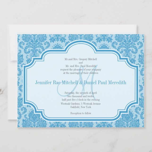 Invitaciones de matrimonio de damasco azul Monogra (Anverso)