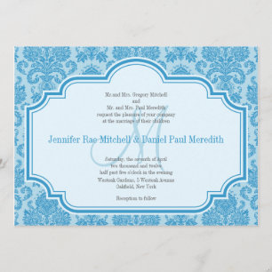 Invitaciones de matrimonio de damasco azul Monogra