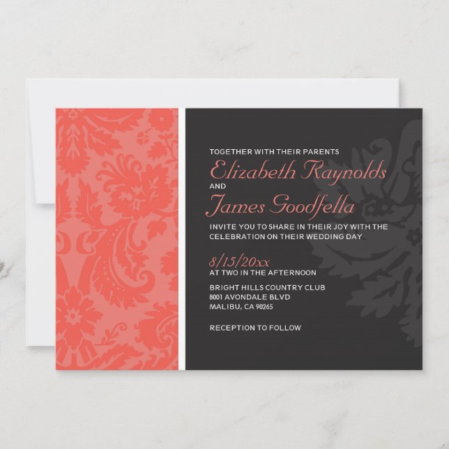 Invitaciones de matrimonio de damasco de coral (Anverso)