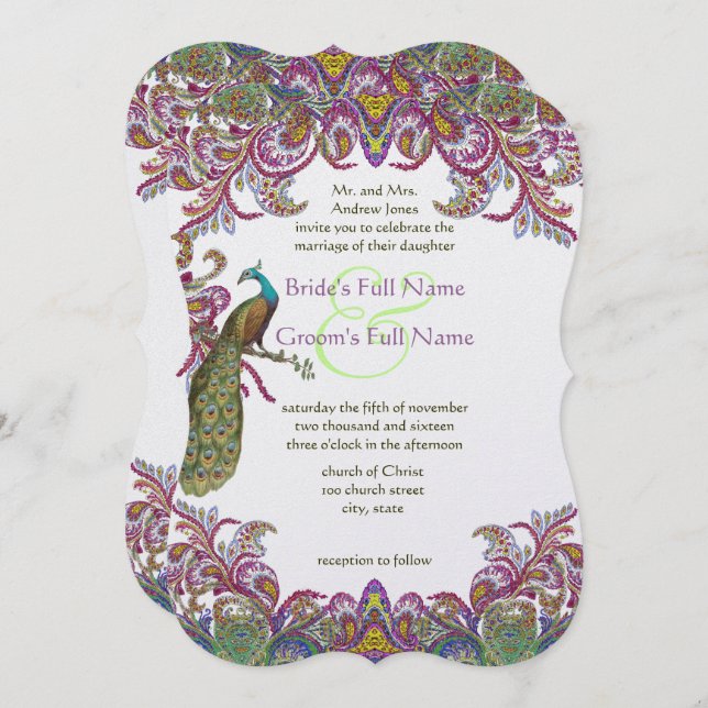 Invitaciones de matrimonio de Damasco de Peacock d (Anverso / Reverso)