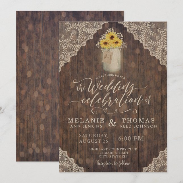 Invitaciones de matrimonio de encaje vintage y gir (Anverso / Reverso)