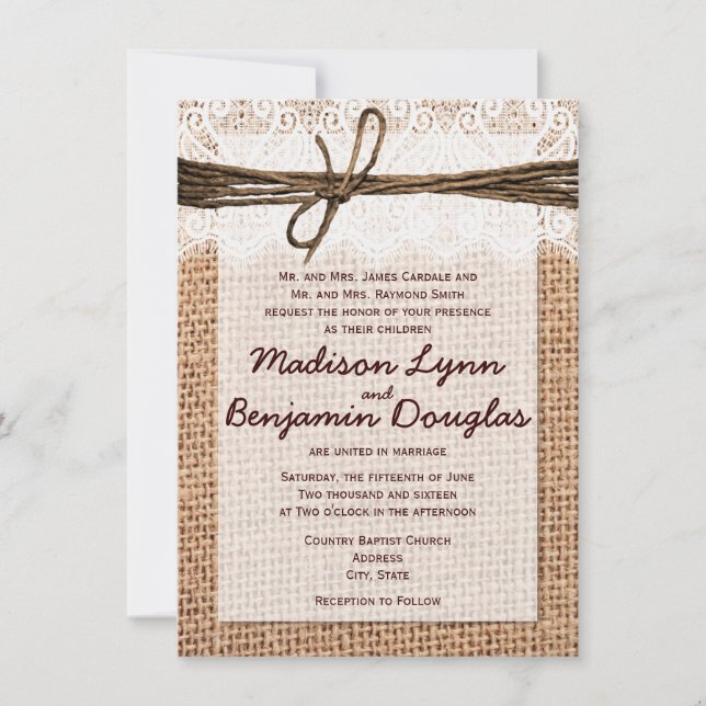 Invitaciones de matrimonio de impresión en Burlap  (Anverso)