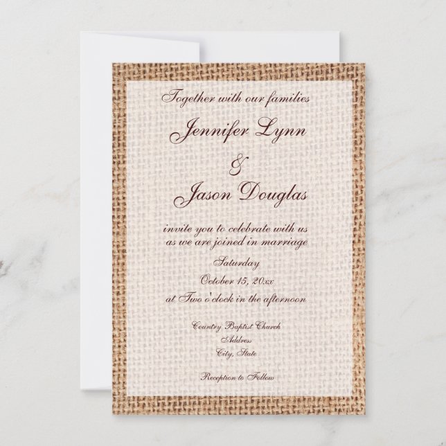 Invitaciones de matrimonio de impresión en Burlap  (Anverso)