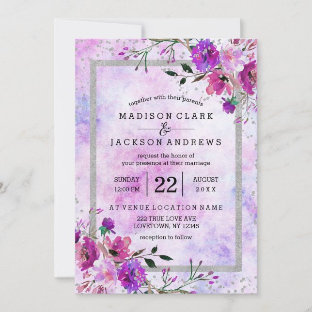 Invitaciones de matrimonio de marco morado floral  (Anverso)