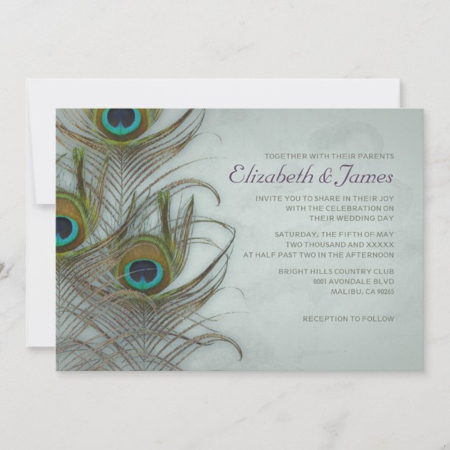 Invitaciones de matrimonio de plumas de pavo real (Anverso)