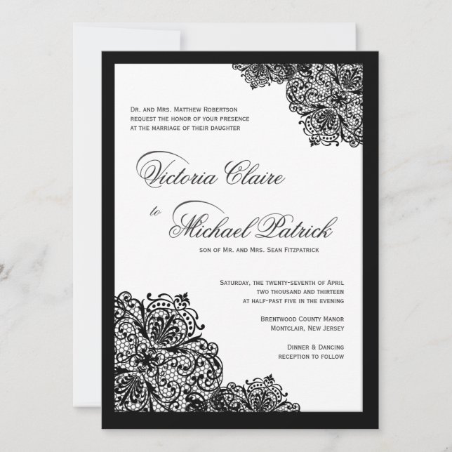 Invitaciones de matrimonio de script de encaje neg (Anverso)