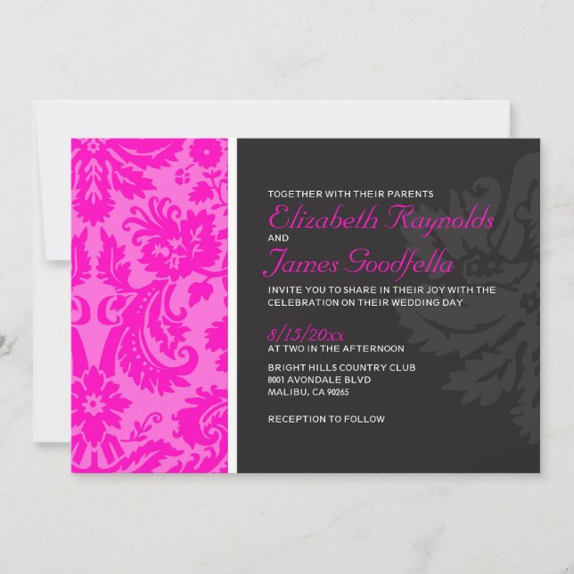 Invitaciones de matrimonio en Damasco Rosado calie (Anverso)