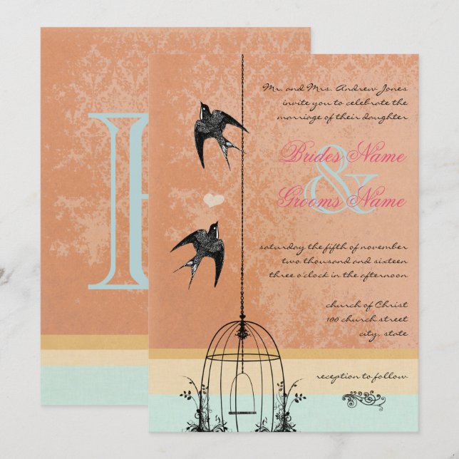 Invitaciones de matrimonio en jaula de pájaros vei (Anverso / Reverso)
