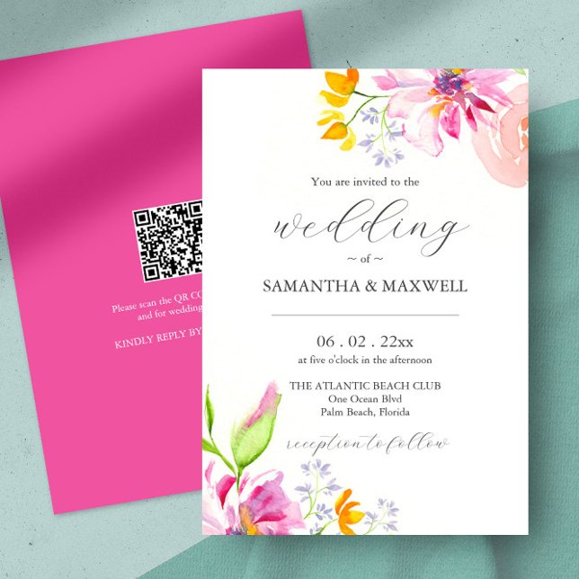 Invitaciones de matrimonio floral acuarela con cód (watercolor floral wedding invites unique pink flower art by Victoria Grigaliunas of Do Tell A Belle)
