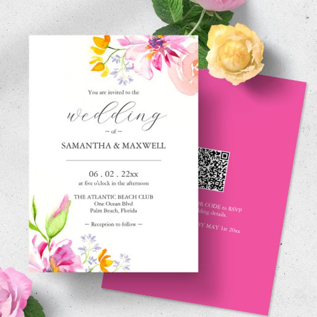 Invitaciones de matrimonio floral acuarela con cód (Pink floral wedding invitations with QR code sustainable weddings watercolor Victoria Grigaliunas)