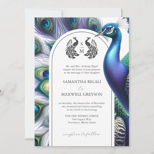 Invitaciones de matrimonio formal de pavo real (Anverso)