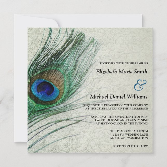 Invitaciones de matrimonio para damasco de pavo re (Anverso)
