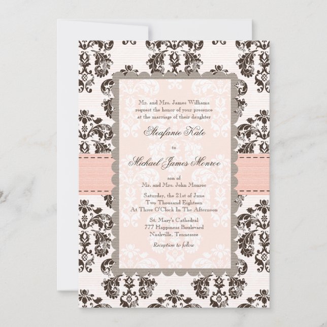 Invitaciones de matrimonio para damasco rosa y mar (Anverso)