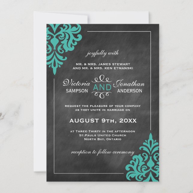 Invitaciones de matrimonio para damasco turquesa e (Anverso)