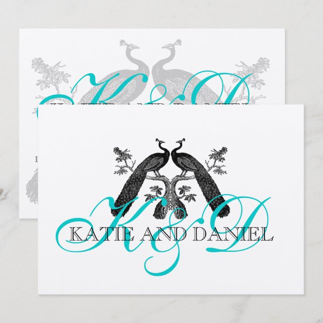 Invitaciones de matrimonio Peacocks Monograma Plat (Anverso / Reverso)