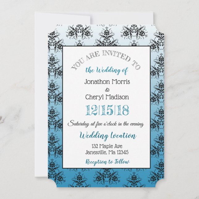Invitaciones de matrimonio Red y BlueDamask (Anverso)