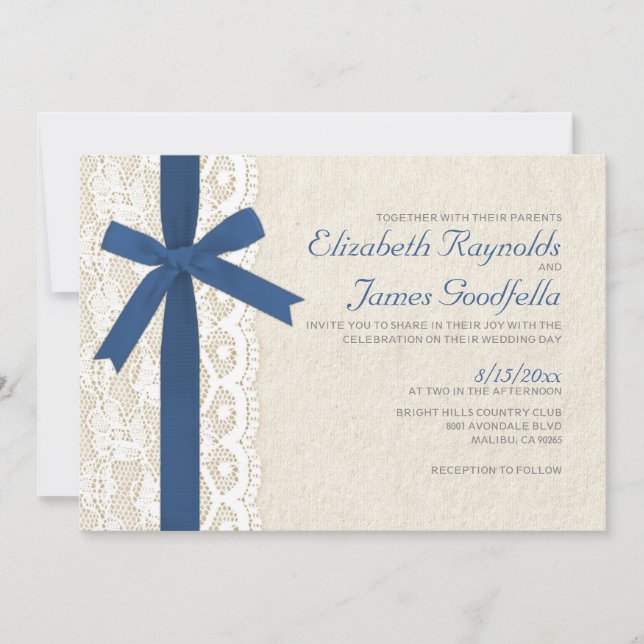 Invitaciones de matrimonio Royal Blue Bow & Lace (Anverso)