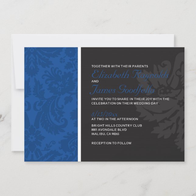 Invitaciones de matrimonio Royal Blue Damask (Anverso)