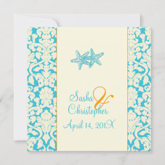 Invitaciones de matrimonio Starfish + damask/aqua
