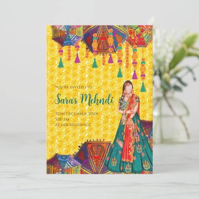 Invitaciones de Mehndi y Invitación de Noche de He (Anverso de pie)