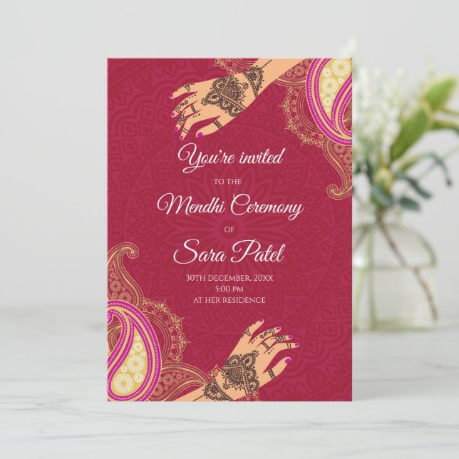 Invitaciones de Mendhi y invitaciones de Mehendi F (Anverso de pie)