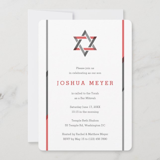 Invitaciones de Mitzvah Bar moderno | Rojo + Negro (Anverso)