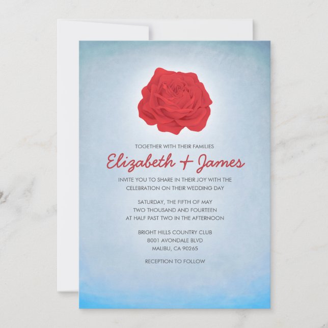 Invitaciones de moda a la boda azul floral y roja (Anverso)