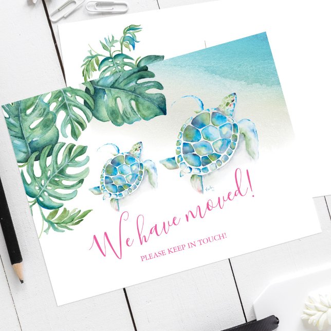 Invitaciones de movimiento de acuarela tropical (New address moving announcement cards watercolor sea turtle and palm leaf by Victoria Grigaliunas)