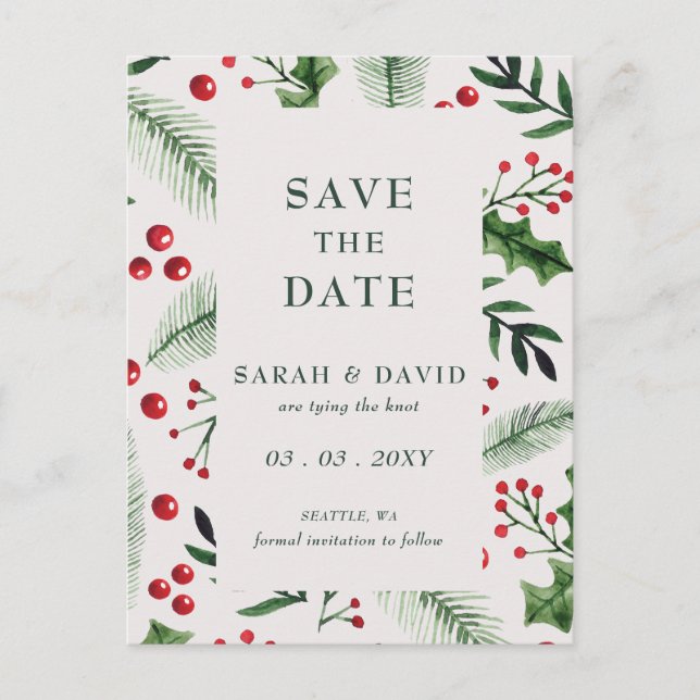 Invitaciones de Navidad de Bayas de Acebo Save the (Anverso)