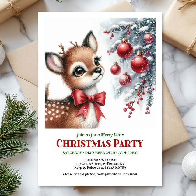Invitaciones de Navidad de cervatillo bebé en bosq (Festive snowy forest baby deer Christmas invitation printable)