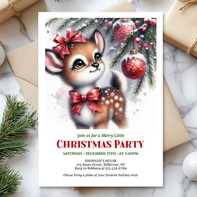 Invitaciones de Navidad de cervatillo bebé en bosq (Festive snowy forest baby deer Christmas invitation editable card)