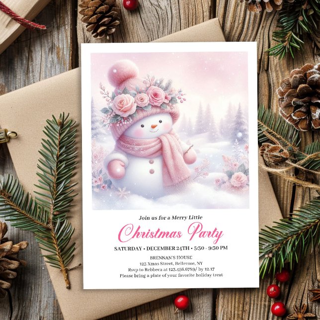Invitaciones de Navidad para niños con muñeco de n (Cozy Pink Snowman Kids Download Christmas Invitation

)