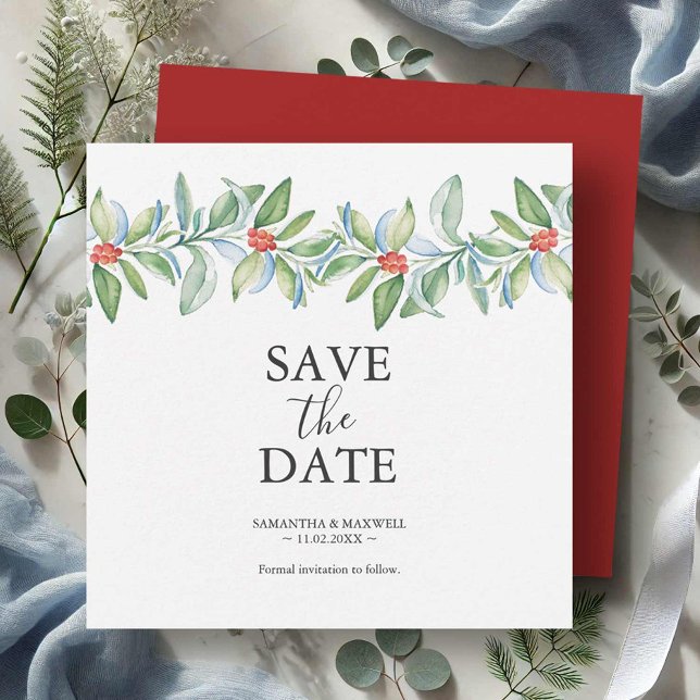 Invitaciones de Navidad para salvar la fecha de la (Christmas wedding save the date invitation card features watercolor art by Victoria Grigaliunas)