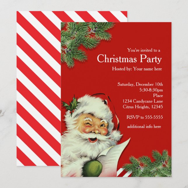 Invitaciones de Navidad Rojas de Santa Claus Vinta (Anverso / Reverso)