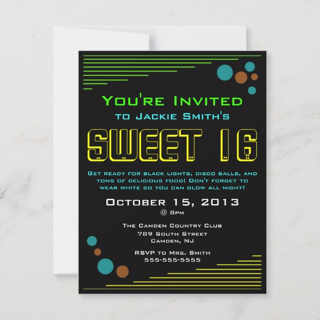 Invitaciones de neón del dulce 16 (Anverso)