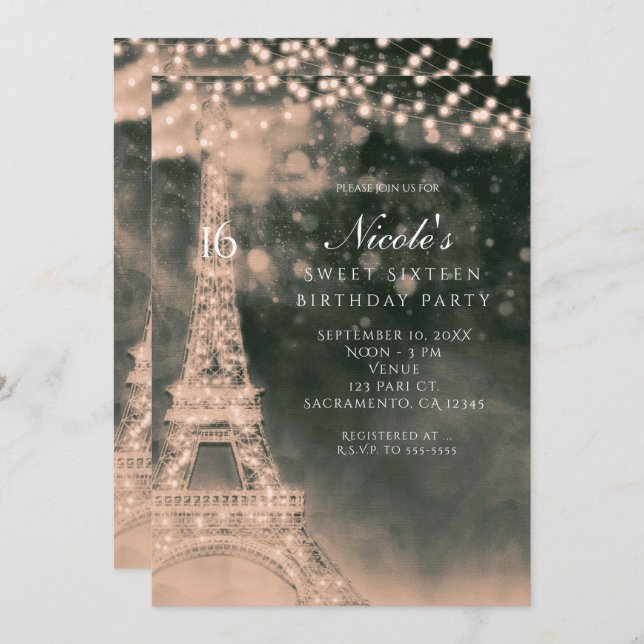 Invitaciones de Noche en París Torre Eiffel y Luce (Anverso / Reverso)