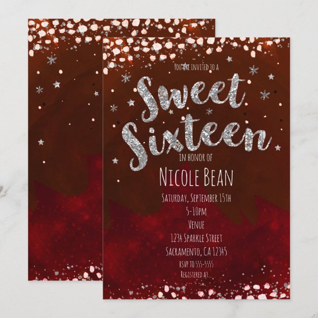 Invitaciones de Noche Estrellada Roja y Plateada p (Anverso / Reverso)