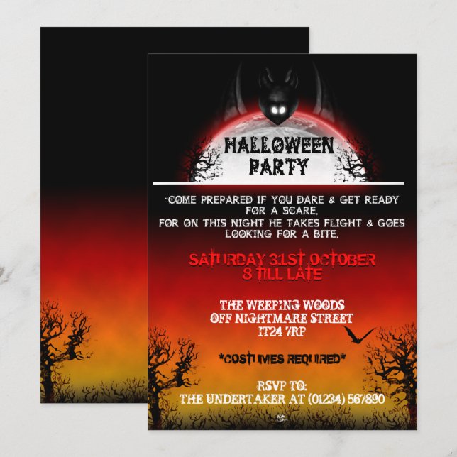 Invitaciones de Noghtmare Bat Halloween (atardecer (Anverso / Reverso)