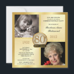 Invitaciones de oro de 80 cumpleaños entonces y ah<br><div class="desc">Crea tus propias y elegantes invitaciones para la fiesta sorpresa de cumpleaños de adultos. Plaza dorada clásica para hombres o mujeres, personalizada con insertos de fotograma doble para las fotos de "Entonces y ahora" — Personalizar el nombre, fecha y detalles de tu celebración especial. Se puede personalizar fácilmente para otras...</div>
