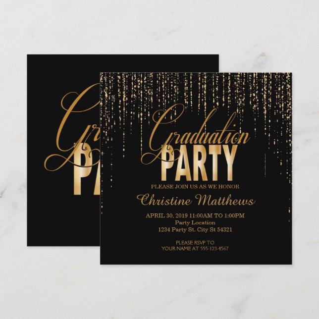 Invitaciones de oro de la fiesta de graduación (Anverso / Reverso)